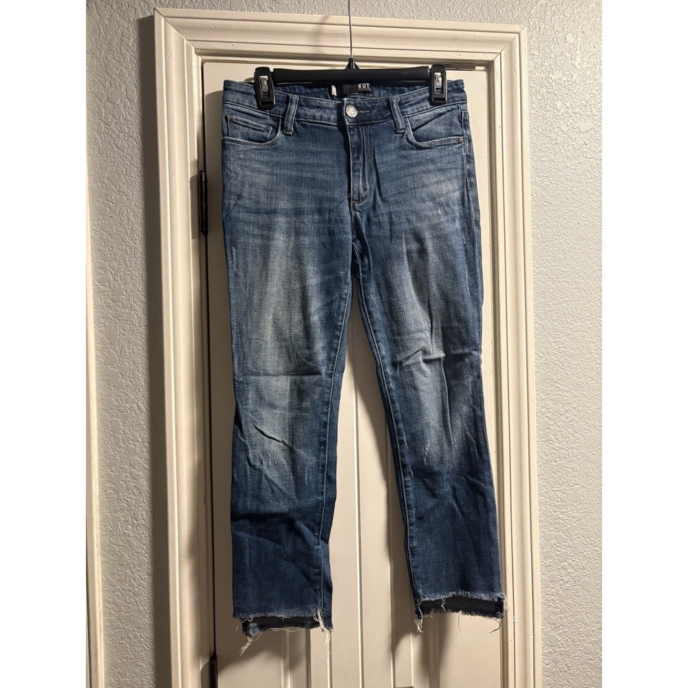 Kut from the Kloth Reese Low Rise Ankle Straight Jeans Size 2 Petite Frayed Hem